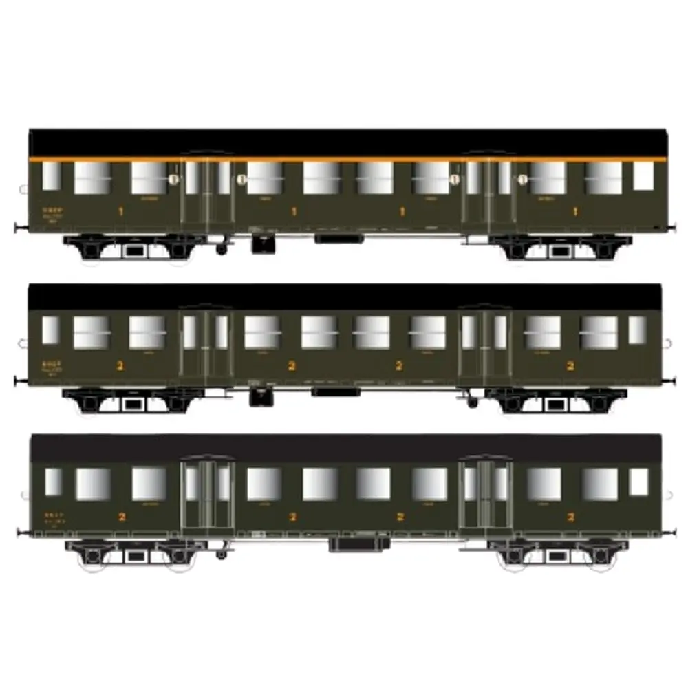Set de 3 Voitures Romilly - ATMYP+BTMYFP+BTMYP - Vert + Chassis Noir - SNCF - EP. III - EPM 41.33.09 - HO : 1/87