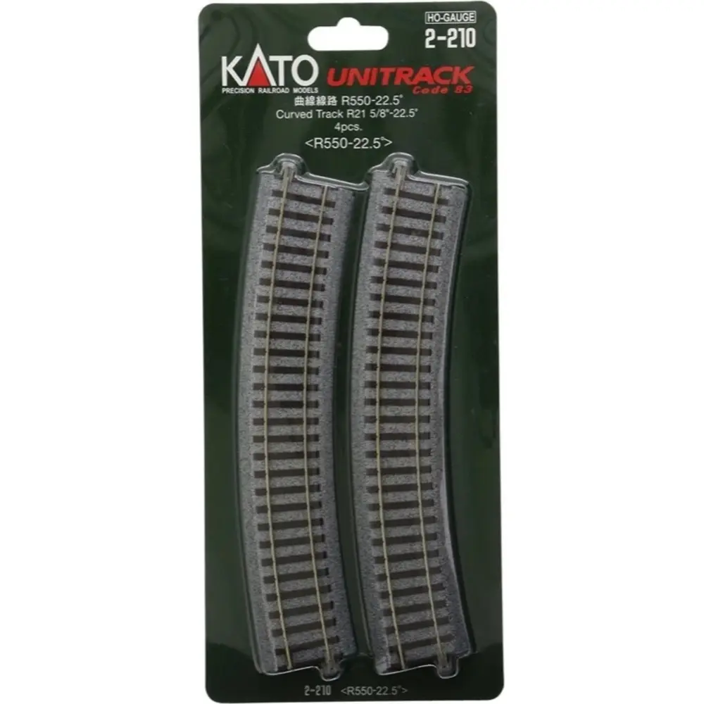 4 rails courbes - rayon de 550 mm - 22,5 degrés - Kato 2-210 - HO 1/87