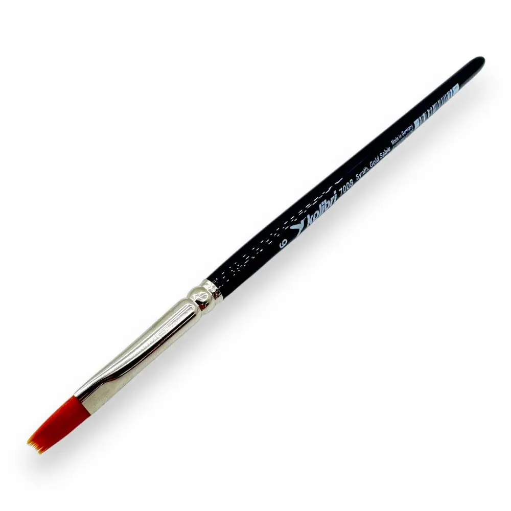 Pinceau plat N°06 en poil de martre dorée synthétique, virole argentée, manche bleu & court - Kolibri 7008/06