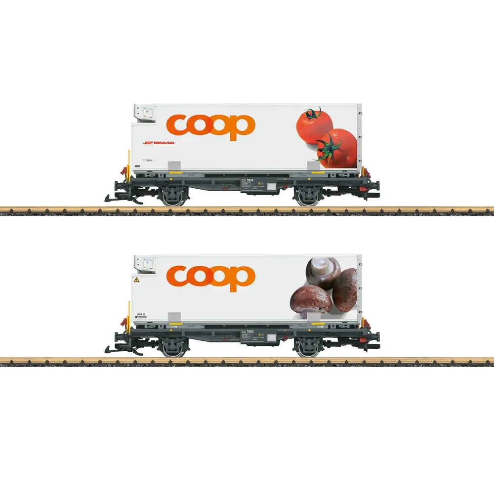 Coffret de 2 wagons porte-conteneurs coop® Tomates & Champignons - LGB 45888 - RhB - G 1/22.5 - EP. VI - 2R