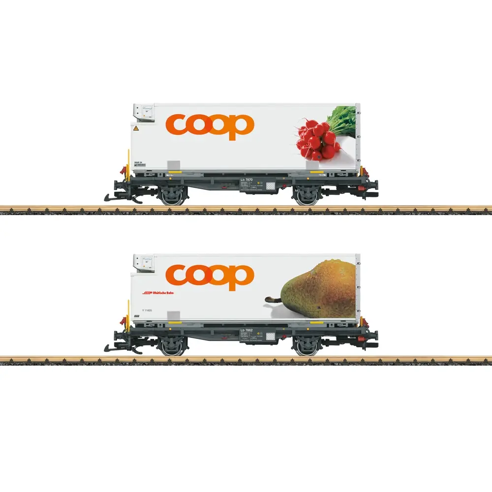 Coffret de 2 wagons porte-conteneurs coop® Radis & Poires - LGB L45889 - RhB - G 1/22.5 - EP. VI - 2R
