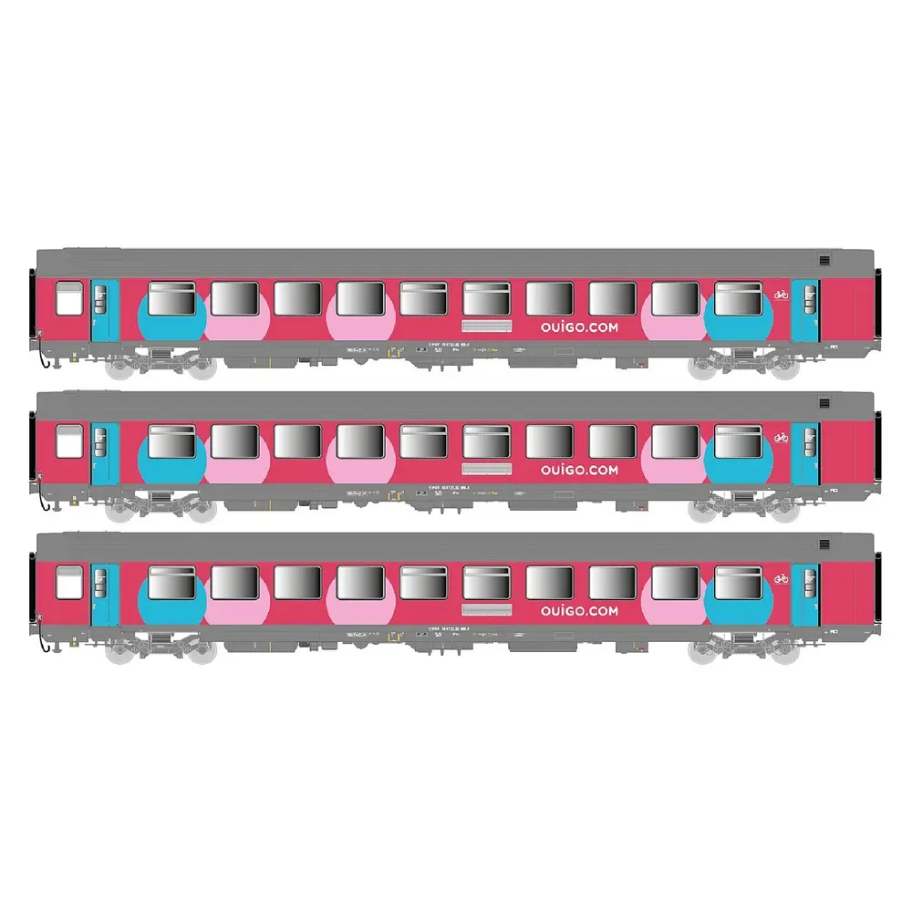 Set de 3 voitures éclairées Corail VTU livrée "Ouigo, toiture gris - LS Models 40992 - HO 1/87 - SNCF - Ep VI - 2R