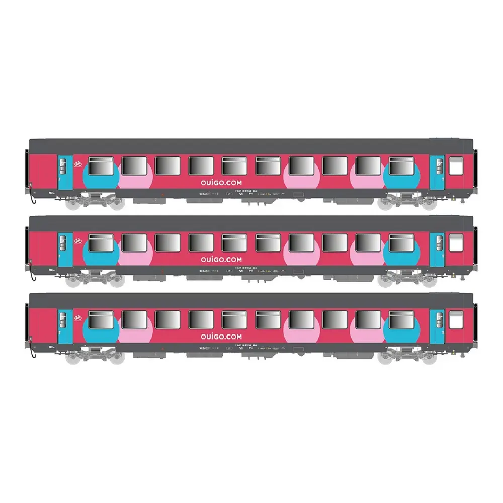 Set de 3 voitures voyageurs éclairées Corail VTU livrée « Ouigo », toiture gris foncé - LS Models 40993 - HO 1/87 - SNCF - Ep VI - 2R