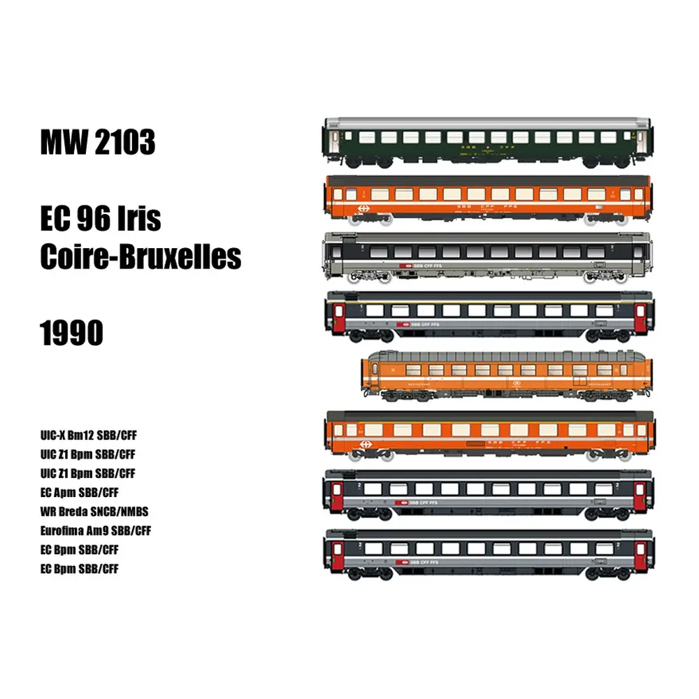 Coffret de 8 voitures voyageurs EC 96 Iris, Coire-Bruxelles, 1990 - Models World 2103 - HO 1/87 - SBB - Ep V