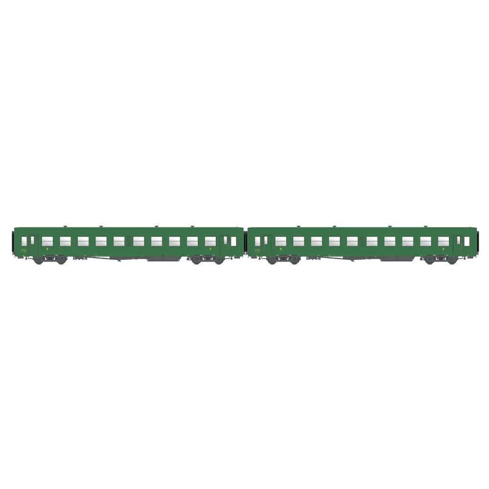 2 voitures voyageurs USI longues Bmyfi U61, bogies Y16, vert, chauffage autonome, marquage 1956 - Models World 40029 - HO 1/87 - SNCF - Ep IIId - 2R