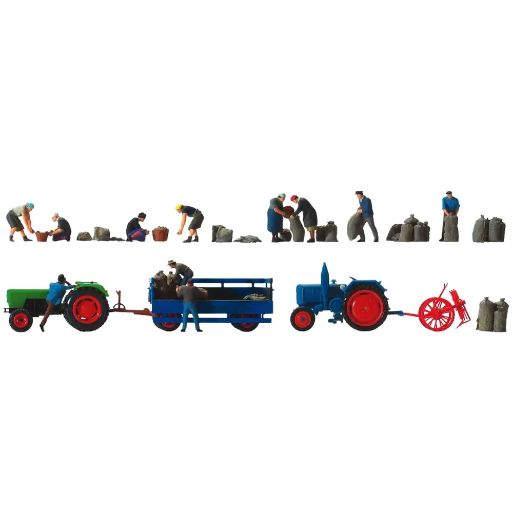 Récolte de pomme de terre, 11 personnages, avec tracteurs DEUTZ D6206 et LANZ D2416, accessoires - Preiser 13008 - HO : 1/87