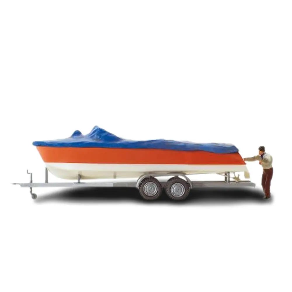 Bateau à moteur chargé sur une remorque - Preiser 33255 - HO 1/87