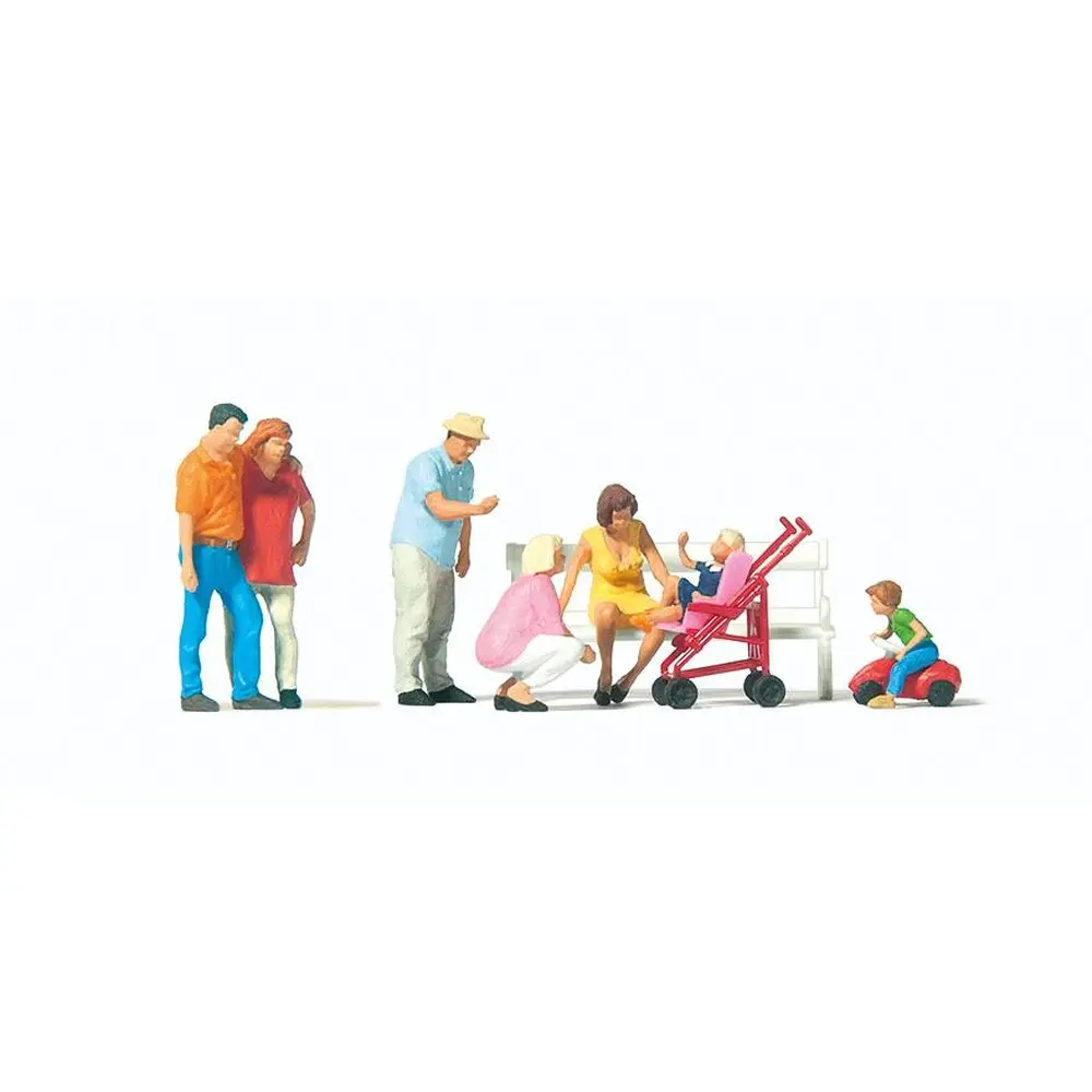 Lot de 7 personnages en famille avec accessoires Preiser 10695 - HO : 1/87