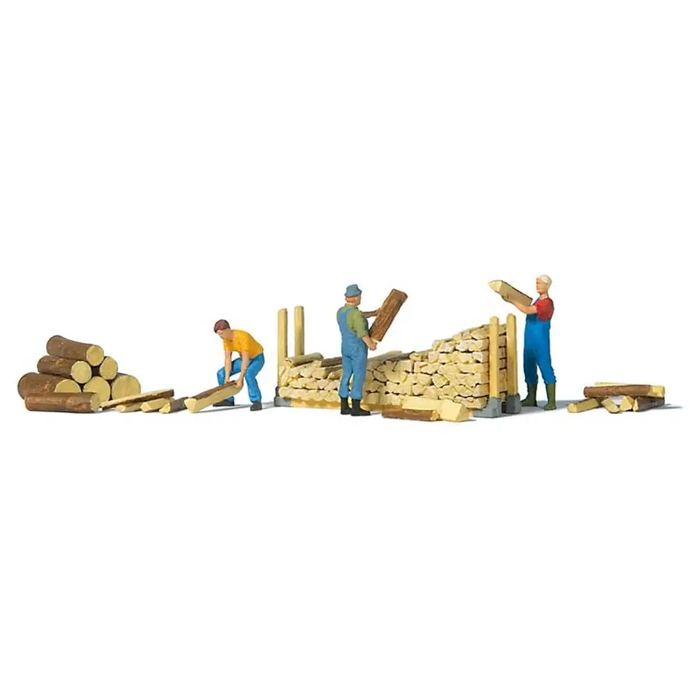 Lot de 3 personnages empilant du bois Preiser 10707 - HO : 1/87