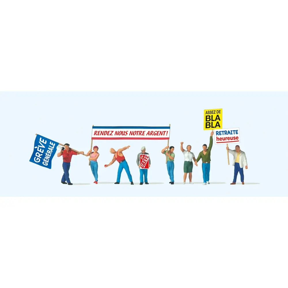 Lot de 8 personnages manifestant pour la retraite Preiser 10787 - HO : 1/87