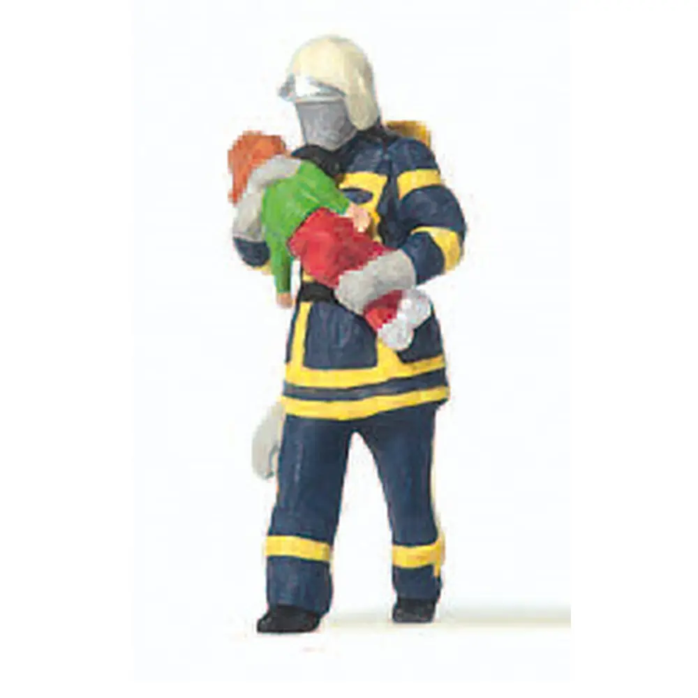 Pompier uniforme bleu secourant un enfant PREISER 28251 - HO 1/87
