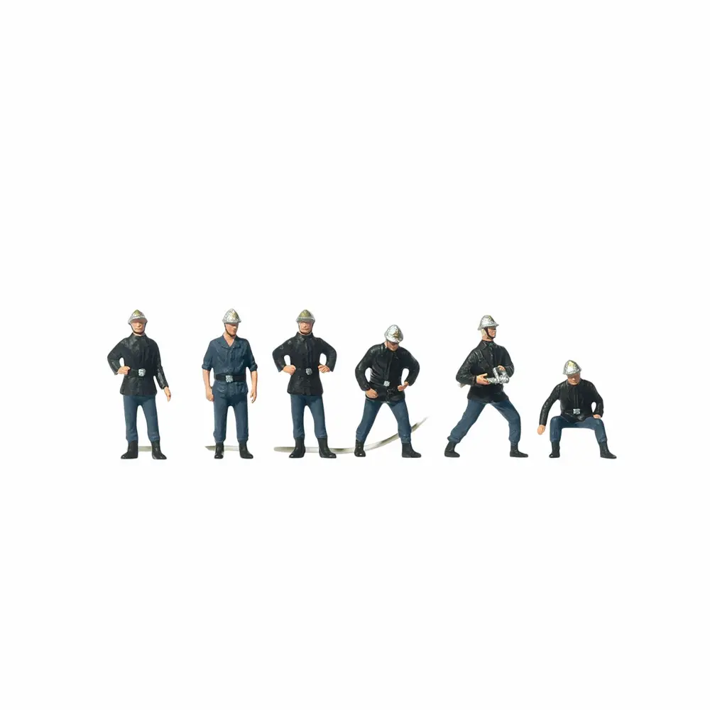 6 pompiers avec lance et vieux casques - Preiser 10233 - HO 1/87