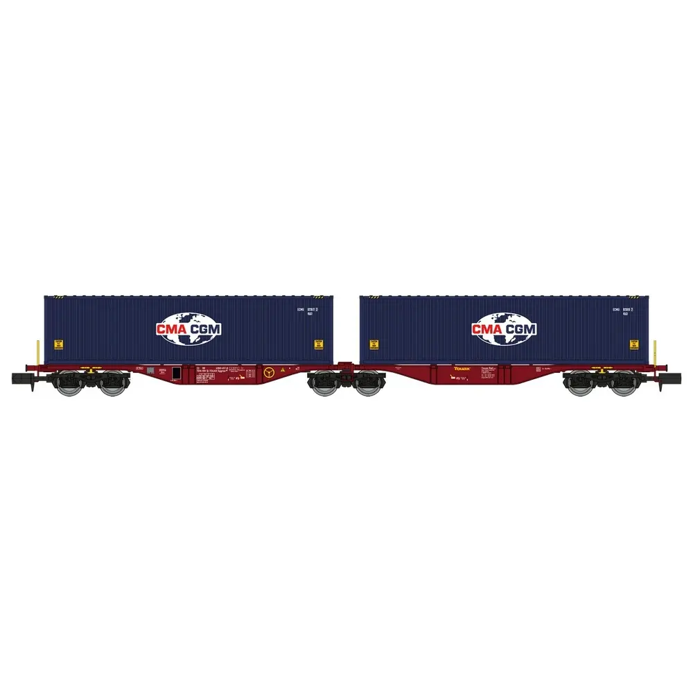 Wagon porte conteneurs Sggmrss 80 TOUAX, 2 conteneurs CGA-CGM logo Monde - Ree Modèles NW288 - N 1/160 - SNCF - Ep VI