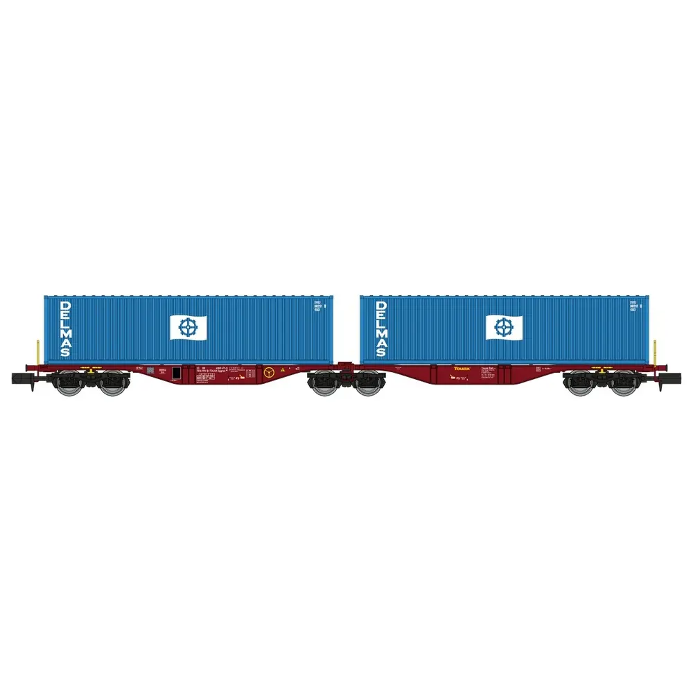 Wagon porte conteneurs Sggmrss 80 TOUAX, 2 conteneurs DELMAS - Ree Modèles NW290 - N 1/160 - SNCF - Ep VI