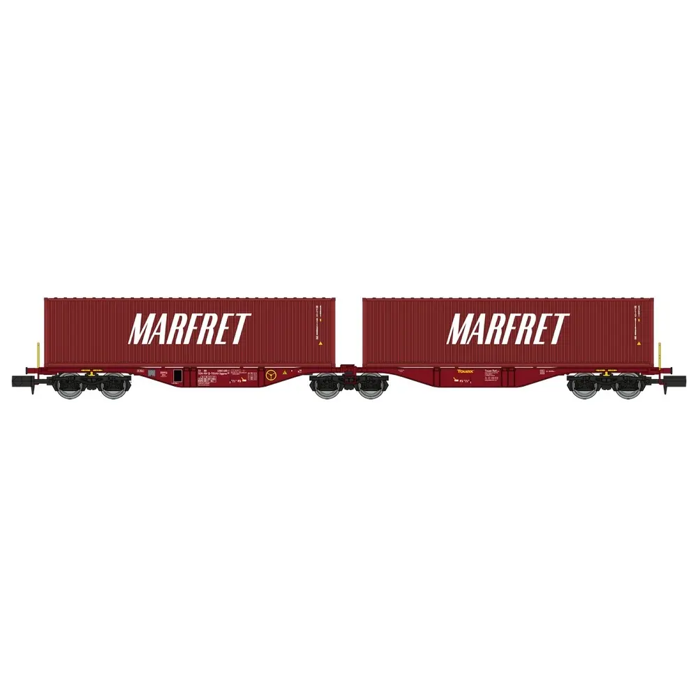 Wagon porte conteneurs Sggmrss 80 TOUAX, 2 conteneurs MARFRET bruns - Ree Modèles NW292 - N 1/160 - SNCF - Ep VI