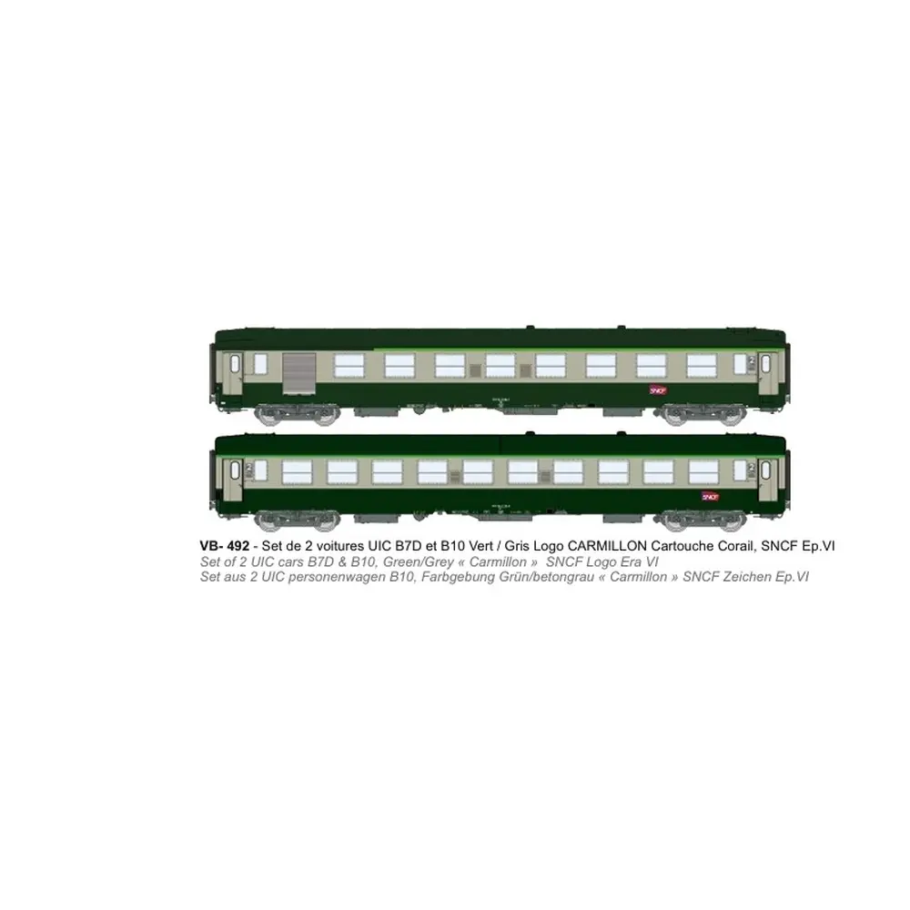 Coffret de 2 voitures UIC B7D et B10 Vert / Gris Logo CARMILLON Cartouche Corail - Ree Modèles VB492 - SNCF - HO 1/87 - 2R