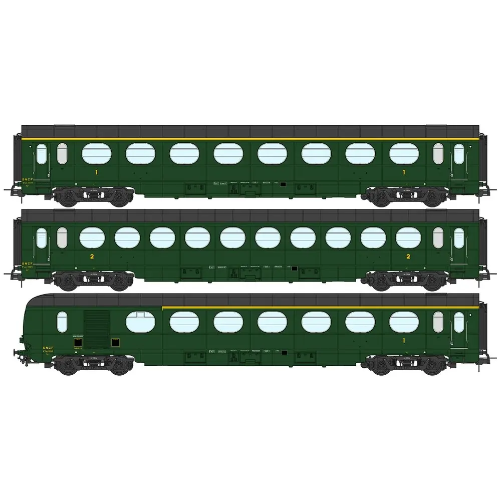 Coffret de 3 voitures Allégées ÉTAT "Saucisson", A8, B10 et A6d, vert 306 - Ree Modèles VB494 - SNCF - HO 1/87 - EP. III B - 2R