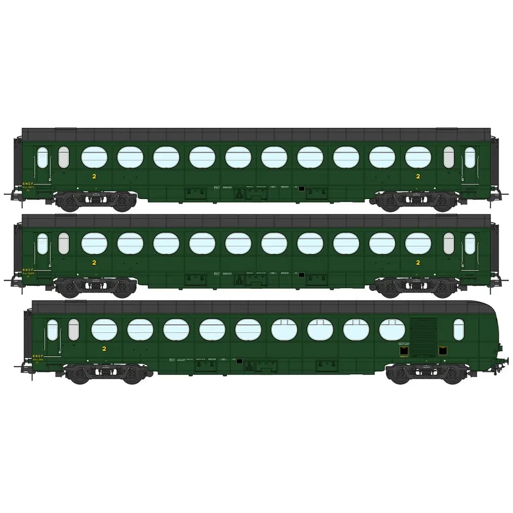 Coffret de 3 voitures Allégées ÉTAT "Saucisson", B10, B10 et B5d, vert 306 - Ree Modèles VB495 - SNCF - HO 1/87 - EP. III B - 2R
