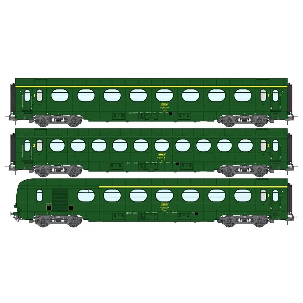 Coffret de 3 voitures Allégées "Saucisson" ÉTAT A8, B10 et A6d, vert 301 - Ree Modèles VB499 - SNCF - HO 1/87 - EP. IV - 2R