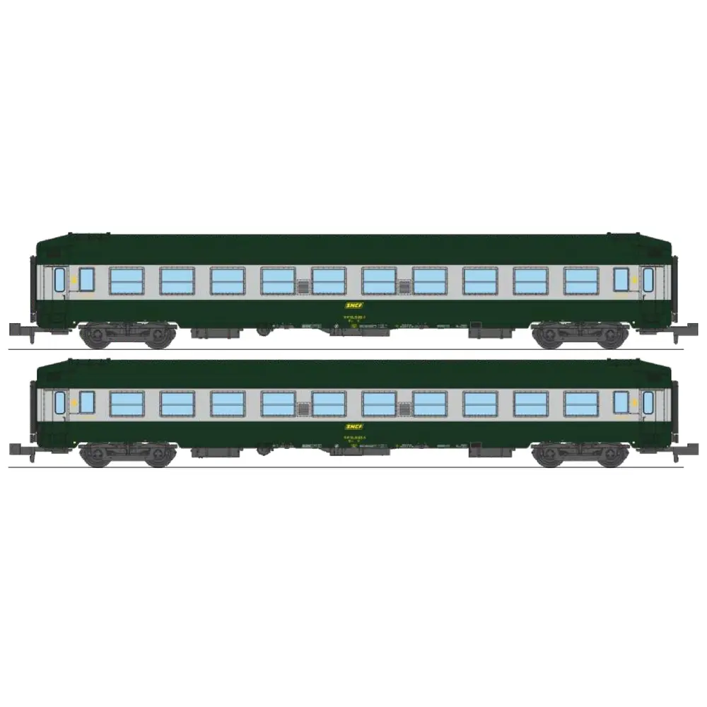 Coffret de 2 voitures couchettes UIC B9c9x, toit haut, livrée C160 vert-alu - Ree Modèles NW344 - N 1/160 - SNCF - Ep IV - 2R