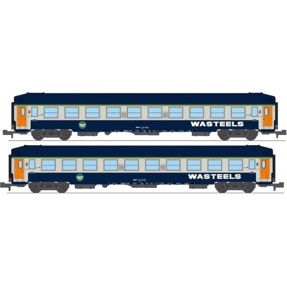 Coffret de 2 voitures couchettes UIC B9c9x, toit haut, livrée Wasteels, bogies Y 16 - Ree Modèles NW346 - N 1/160 - SNCF - Ep IV - 2R