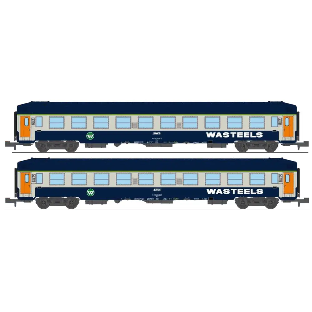 Coffret de 2 voitures couchettes UIC B9c9x, toit haut, livrée Wasteels avec cartouche corail, bogies Y 16 - Ree Modèles NW348 - N 1/160 - SNCF - Ep IV-V - 2R