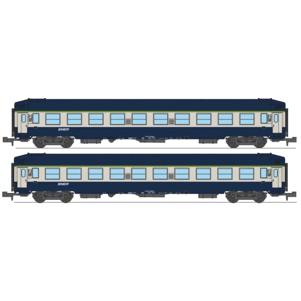 Coffret de 2 voitures couchettes UIC B9c9x, toit haut, livrée TEN, logo "nouille" - Ree Modèles NW352 - N 1/160 - SNCF - Ep IV-V - 2R