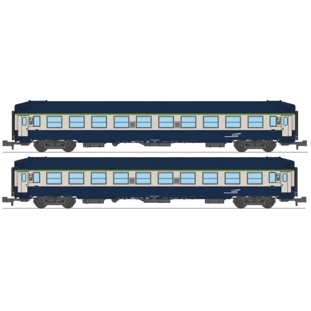 Coffret de 2 voitures couchettes UIC B9c9x, toit haut, livrée TEN, logo "casquette" - Ree Modèles NW354 - N 1/160 - SNCF - Ep V-VI - 2R