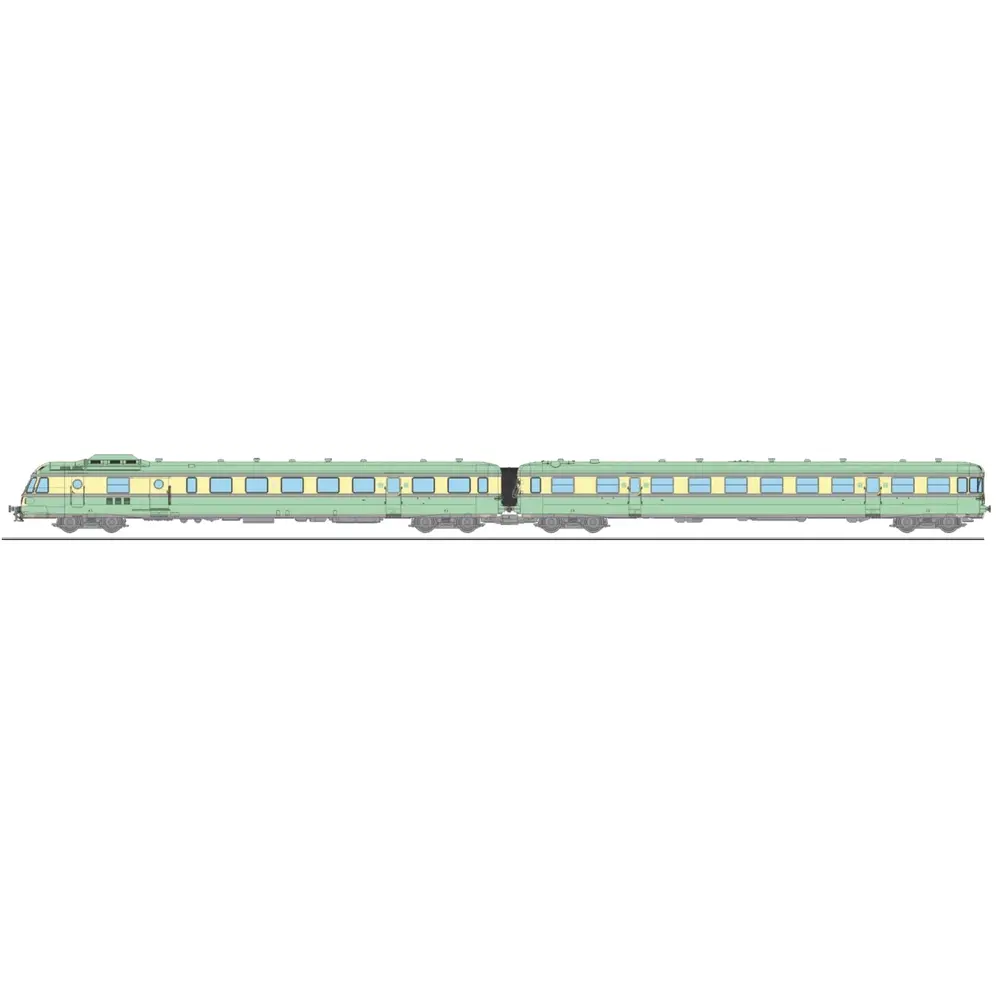 Autorail RGP 1 vert, X 2728 + remorque XR 7726, 2 phares avec fanaux d'angle, remorque avec cuisine - Ree Modèles NW359 - N 1/160 - SNCF - Ep III - Analogique - 2R