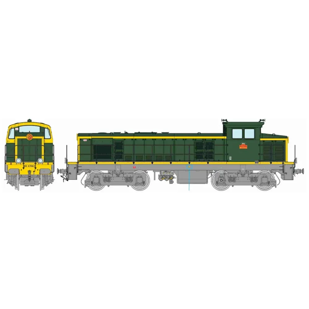 Locomotive diesel BB 63962 livrée vert 301, châssis gris, plaques en relief, (Villeneuve) - Ree Modèles JM020S - HO 1/87 - SNCF - Ep IV - Digital sound - 2R