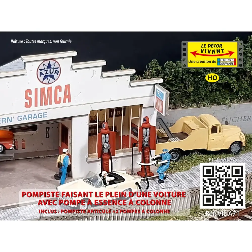 Pompiste faisant le plein d’une voiture en actionnant une pompe à colonne - Régions & Compagnies VILA71 - HO 1/87