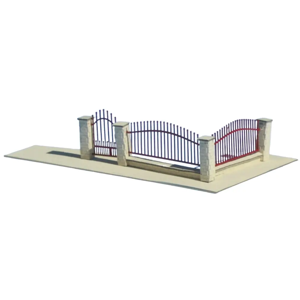 Muret beige avec grilles rouge carmin - SAI 701 - HO 1/87 - 134 x 7 x 26 mm