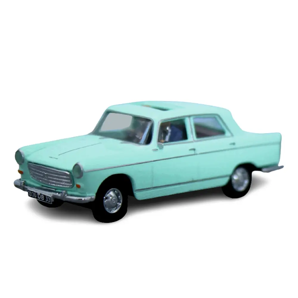 Voiture Peugeot 404 vert pastel toit ouvert avec personnages SAI 1629 HO 1/87