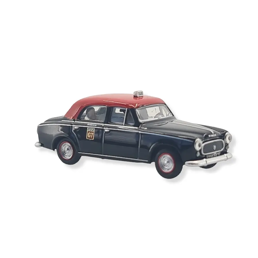 Voiture Peugeot 403 Taxi G7, noir toit rouge, 2 personnages SAI 1623 - HO : 1/87