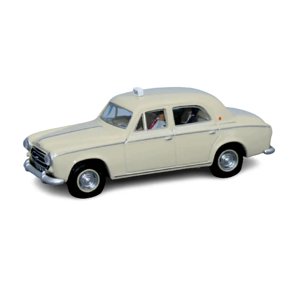 Voiture Peugeot 403 Taxi beige ivoire, 2 personnages SAI 1621 - HO : 1/87