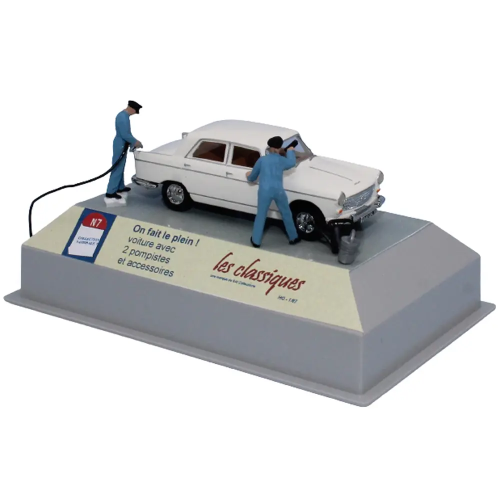 Voiture Peugeot 404 blanche, 2 pompistes et accessoires SAI 1923 - HO 1/87