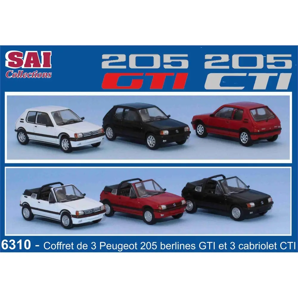 Coffret de 3 Peugeot 205 GTI et 3 Peugeot 205 Cabriolet CTI - SAI 6310 - HO 1/87