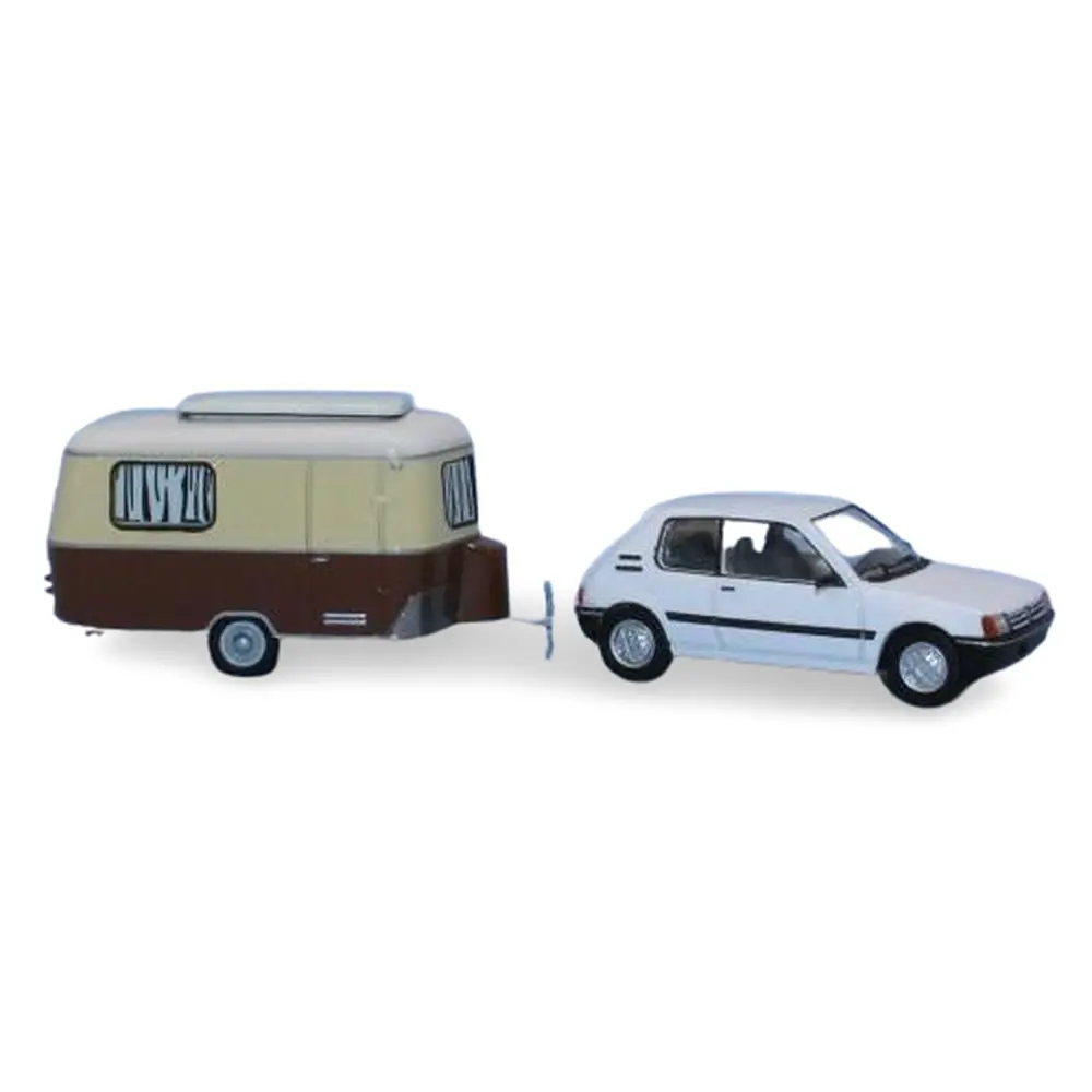 Peugeot 205 XR blanc banquise avec caravane Eriba Pan - SAI 1424 - HO 1/87