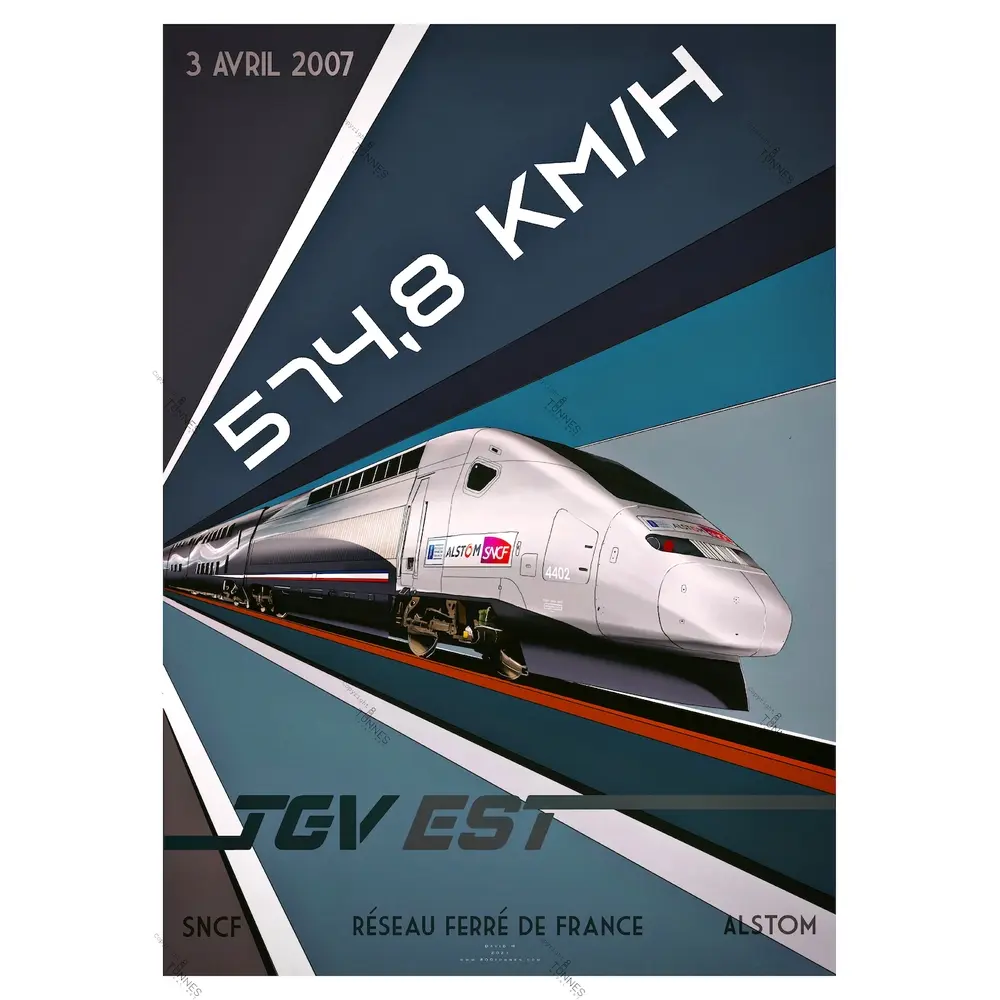 Poster TGV Record 2007 - A2 42.0 x 59.4 cm - 800Tonnes 8TTGVREC07 Est - SNCF - 574.8 km/h