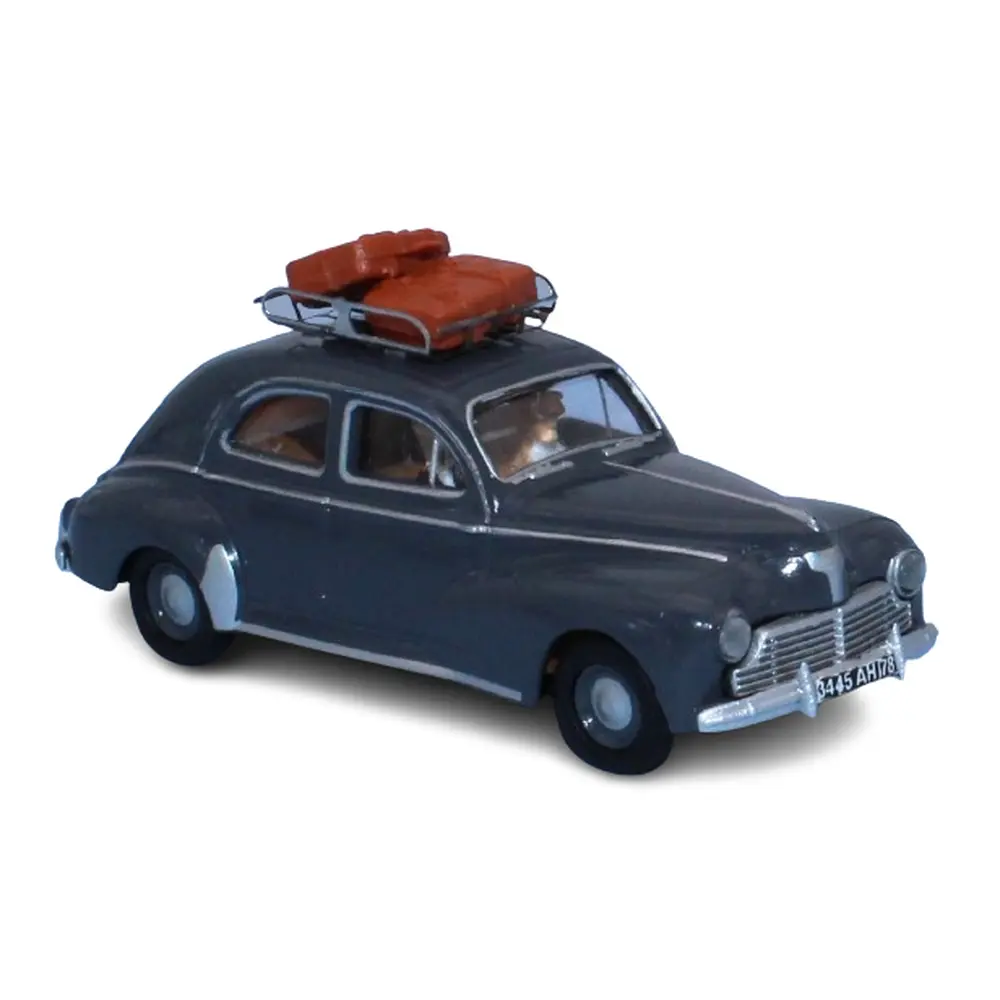 Peugeot 203 gris anthracite, galerie de toit, 2 valises, un conducteur et un passager - Sai 1721 - HO 1/87