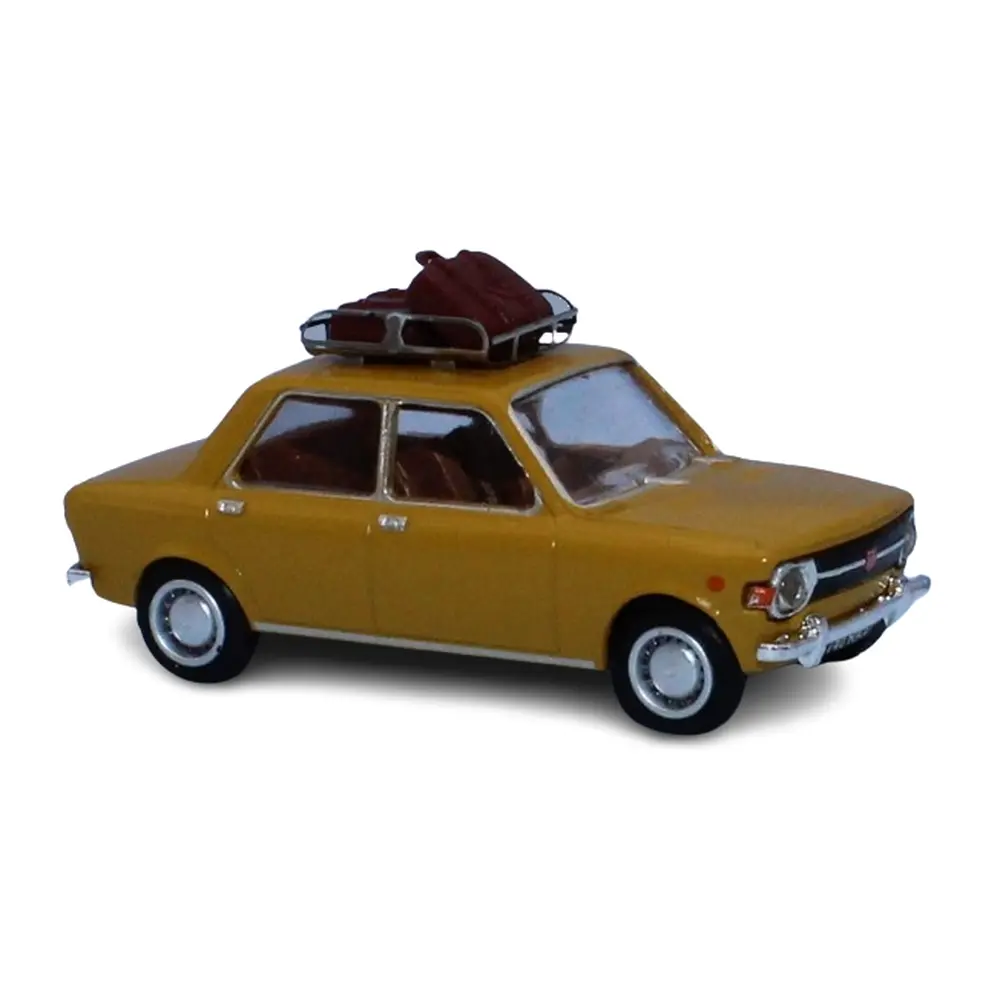 Fiat 128, jaune, galerie de toit et 2 valises - Sai 1785 - HO 1/87