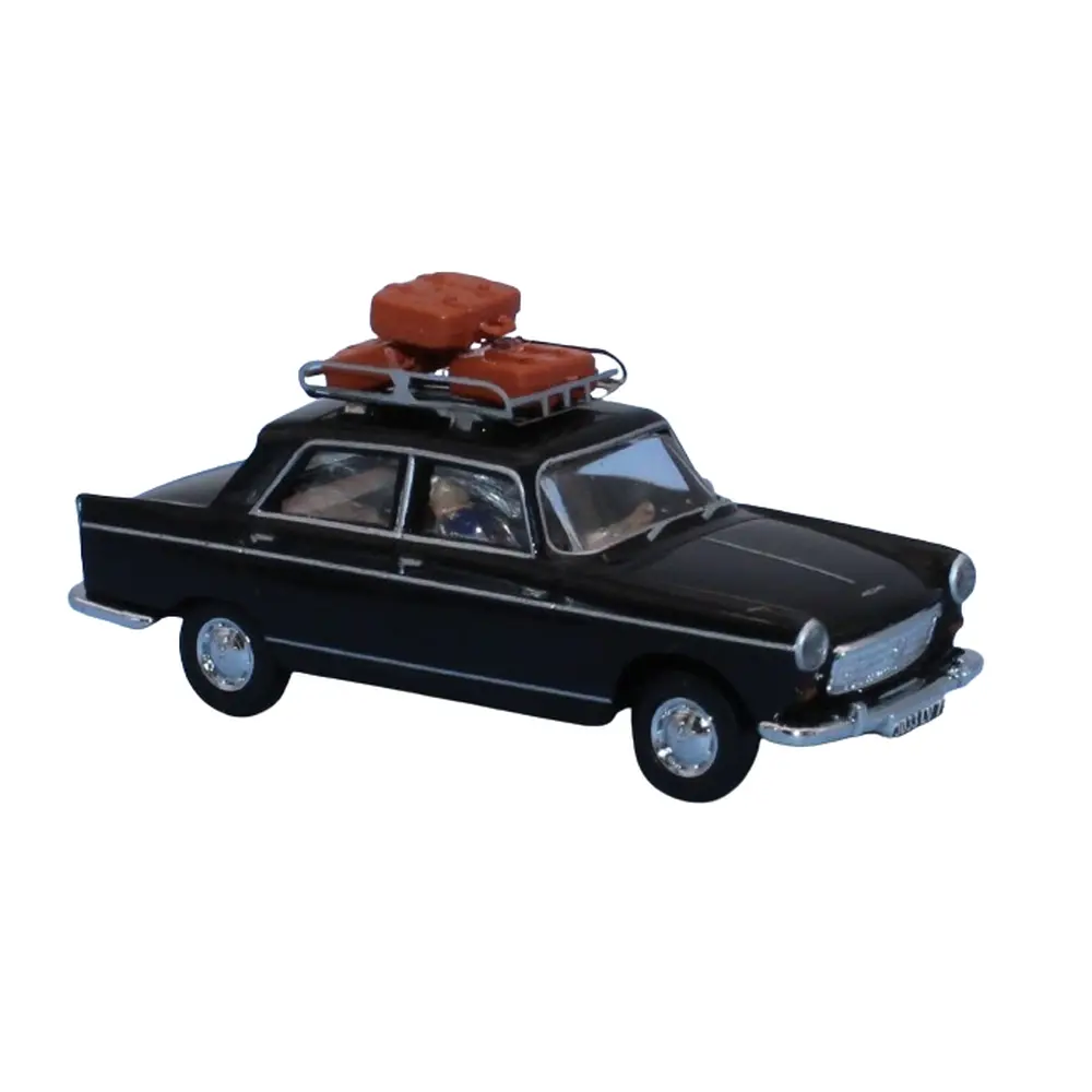 Peugeot 404 noire, galerie de toit, 3 valises, un conducteur et un passager - Sai 1823 - HO 1/87