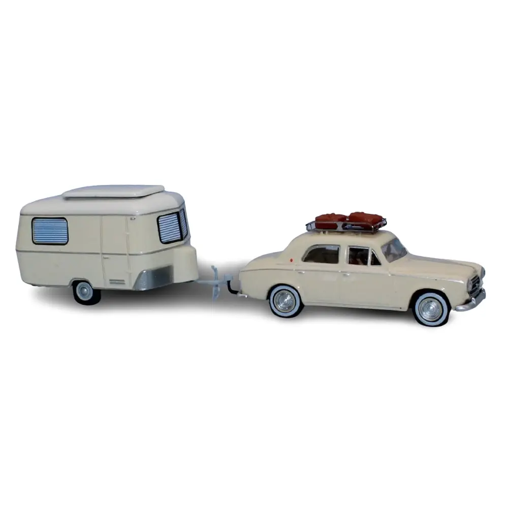 Peugeot 403 ivoire avec caravane Eriba, galerie de toit, 2 valises, un conducteur et une passagère - Sai 1826 - HO 1/87