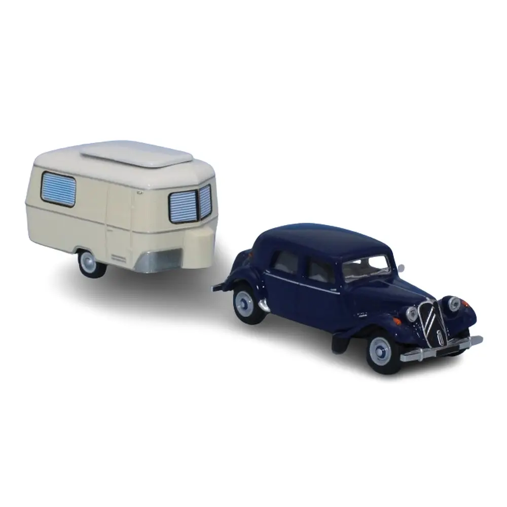 Citroën Traction 11B 1952, bleu nuit, avec caravane Eriba ivoire - Sai 6108 - HO 1/87