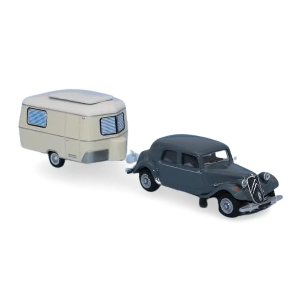 Citroën Traction 11B 1952 gris bruyère avec caravane Eriba ivoire - SAI 6109 - HO 1/87