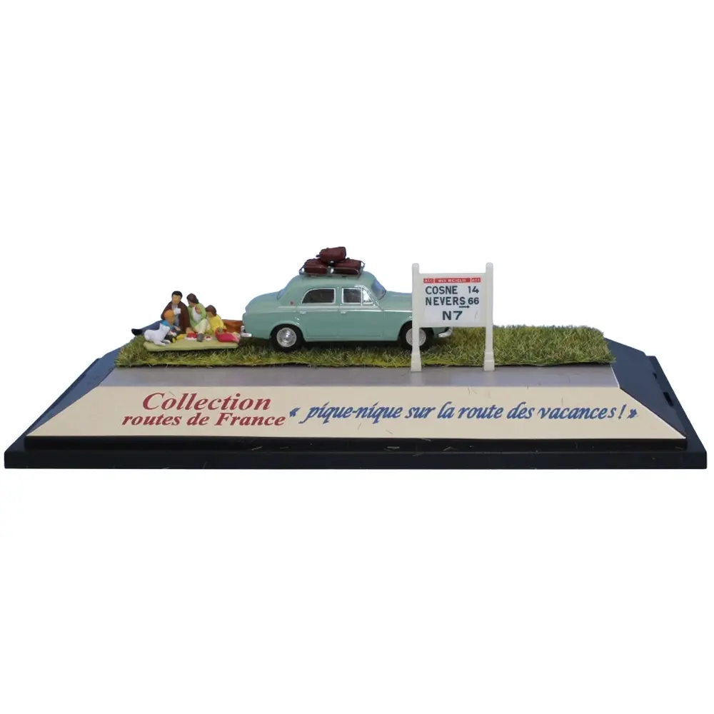 Peugeot 403 verte, galerie de toit, 3 valises, scène pique-nique et mur Michelin N7 - Sai 1991 - HO 1/87
