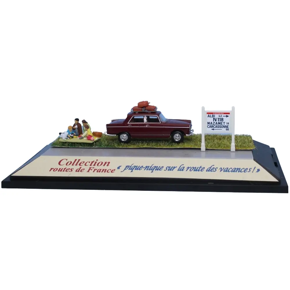 Peugeot 404 bordeaux, galerie de toit, 3 valises, scène pique-nique et mur Michelin - Sai 1992 - HO 1/87