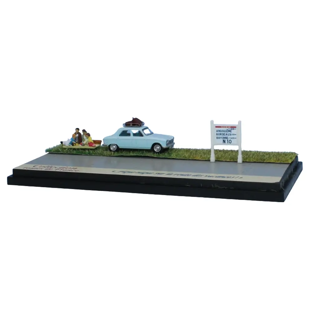 Peugeot 204 bleu pastel, galerie de toit, 2 valises, scène pique-nique et mur Michelin N10 - Sai 1995 - HO 1/87
