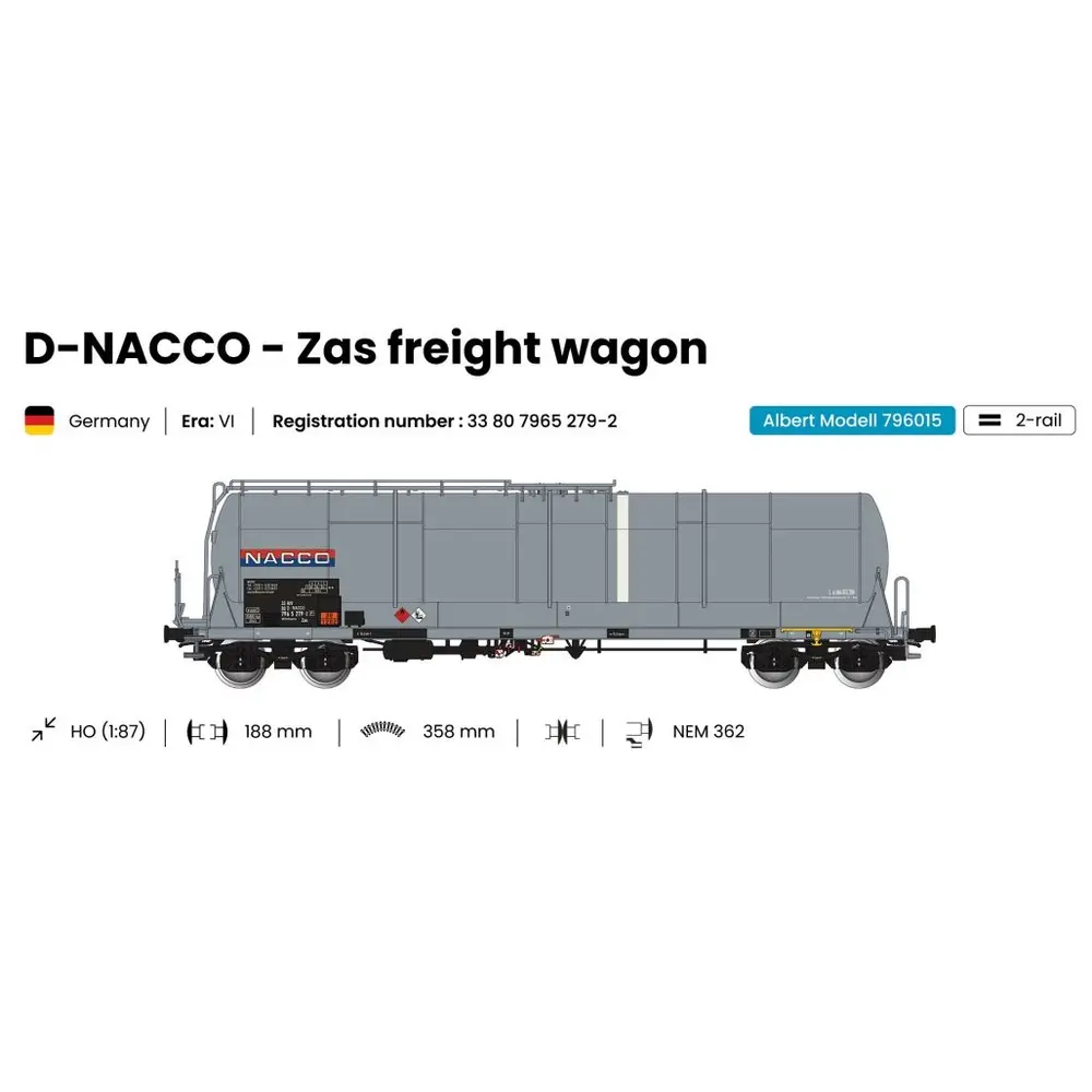 Wagon citerne grande capacité 85m3 Zas gris Nacco - ALBERT MODELL 796015 - EP VI - HO 1/87