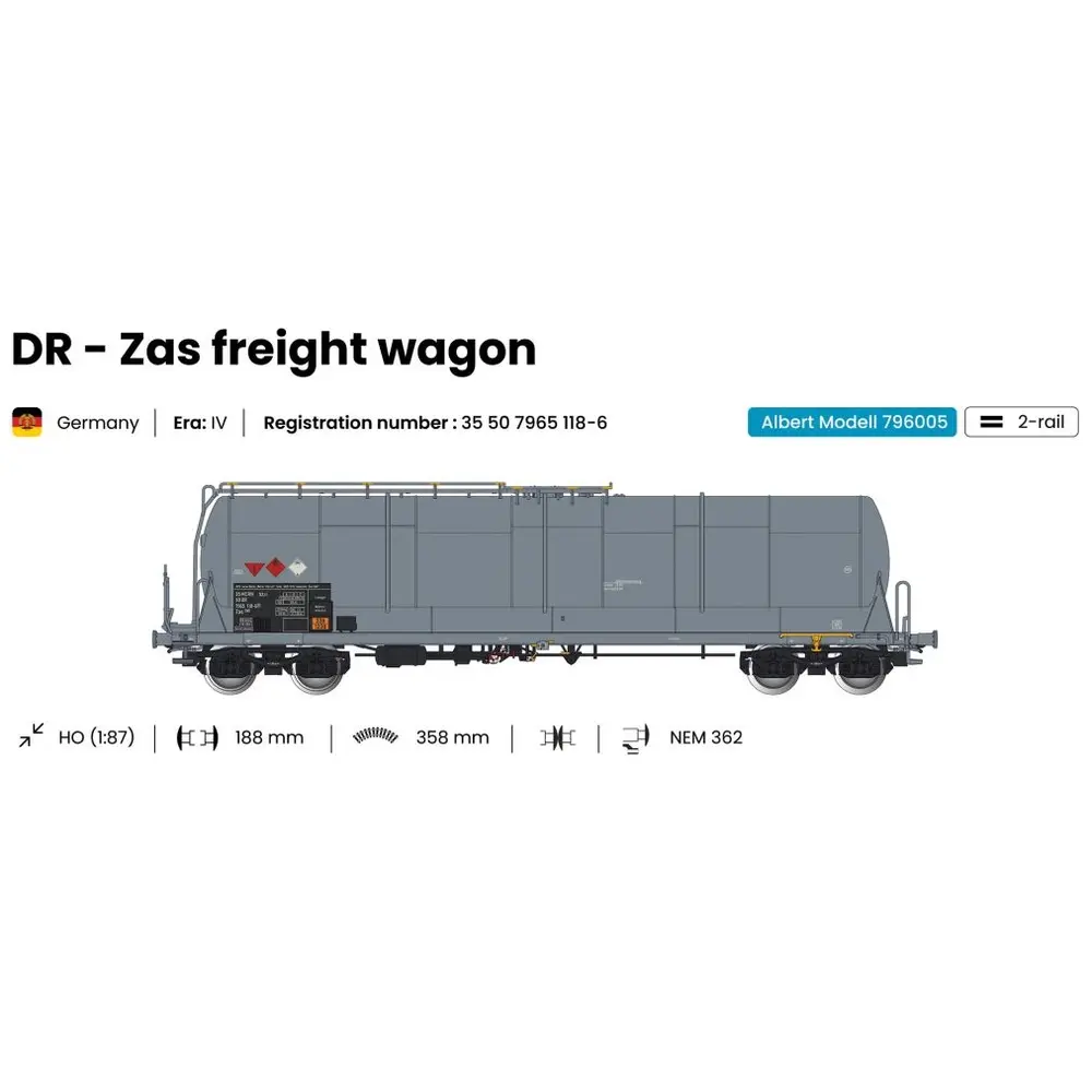 Wagon citerne grande capacité 85m3 Zas gris DR - ALBERT MODELL 796005 - EP IV - HO 1/87